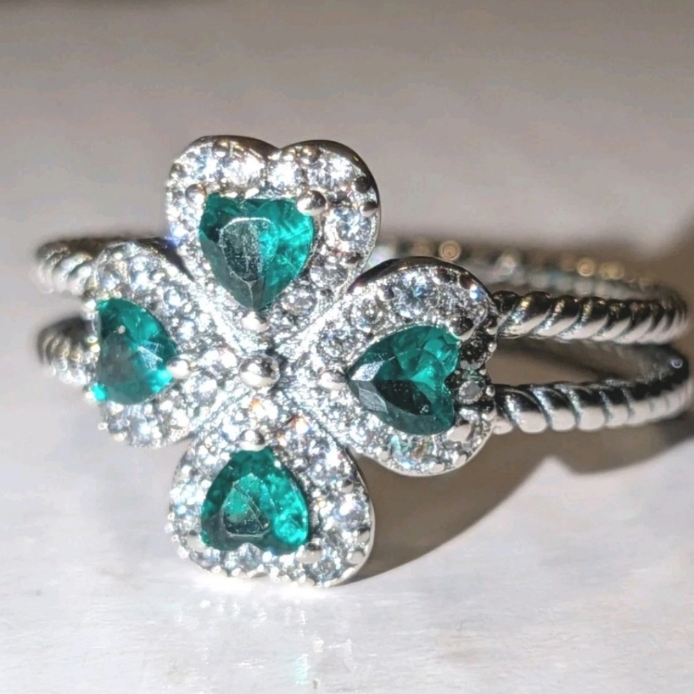 Double Band Gemstone 925 Silver Four Leaf Clover Shamrock Deep Green Ring Sz 8